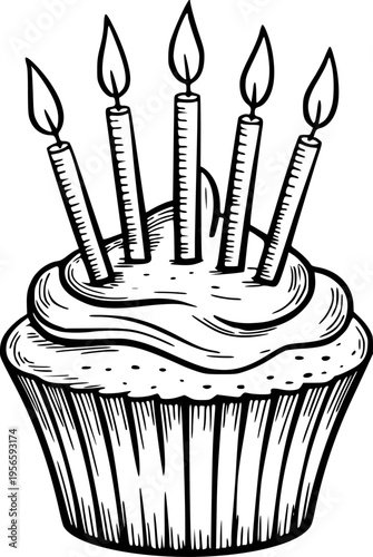 Black and white line of a cupcake with lit candles a white background celebration
