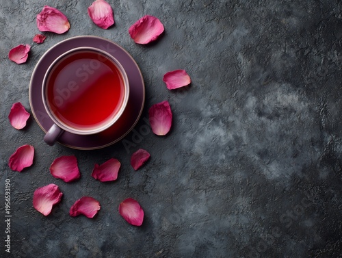 Warm Tea in Cup Surrounded by Scattered Rose Petals on Dark Background