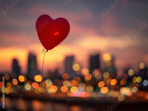 Bright Red Heart Balloon Floats Above City Skyline at Sunset With Blurred Lights