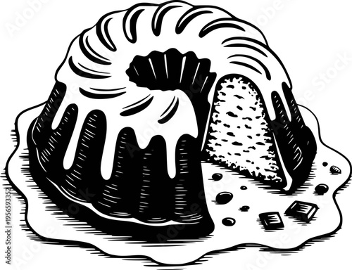 Black and white of a bundt cake with icing and a slice removed a white background