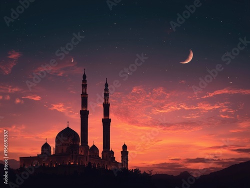 Sunset Over a Mosque With Minarets and a Dramatic Sky Filled With Clouds and ...