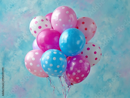 Colorful Balloons in Pink and Blue With White Dots Are Grouped Together Again...