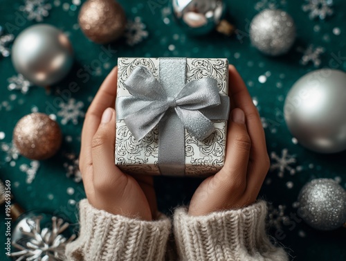 Hands Hold a Small Gift Box With a Ribbon Near Colorful Ornaments During the ...