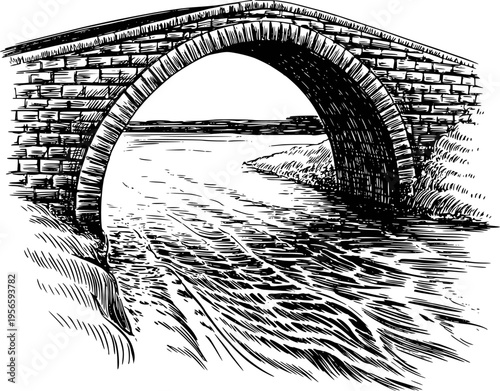 Black and white of an arched stone bridge over a flowing river with grassy banks
