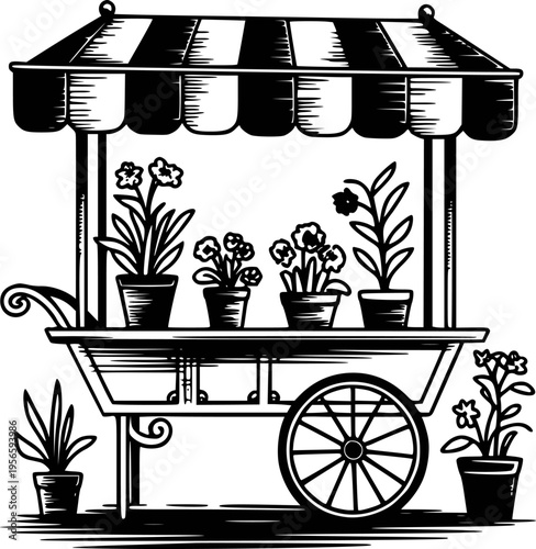 Black and white woodcut of a flower cart with potted plants and striped awning bloom