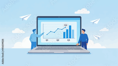 Two people analyzing data on a laptop