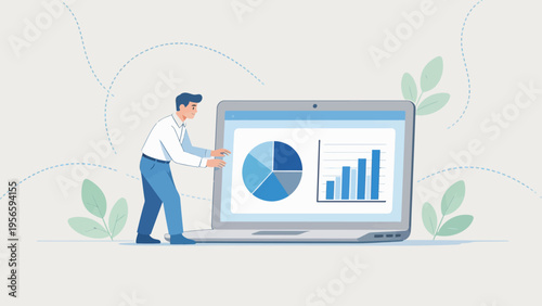 Man interacting with laptop displaying charts