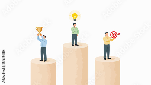 Three men on pedestals with trophy light bulb and dart