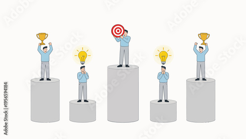 illustration of people on podiums with trophies and ideas