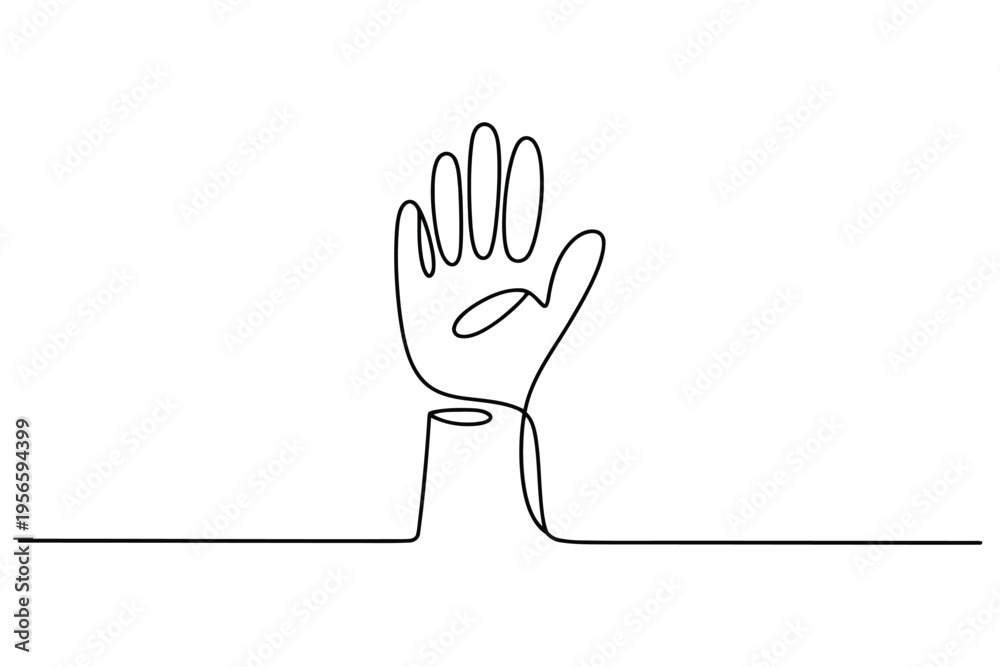 Obraz premium Minimalist black and white line of a hand with five extended fingers emerging from a flat surface line hand