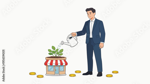 Businessman watering plant in storefront