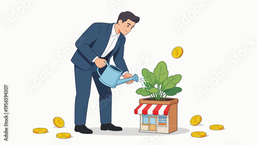 Businessman watering plant in storefront
