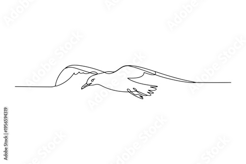 Minimalist black and white line of a bird in flight with smooth curves line black and white monochrome