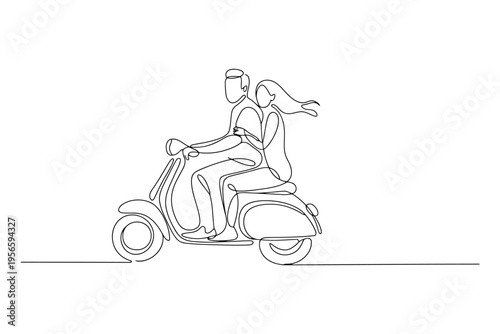Minimalist black and white line of a couple riding a vintage scooter side view