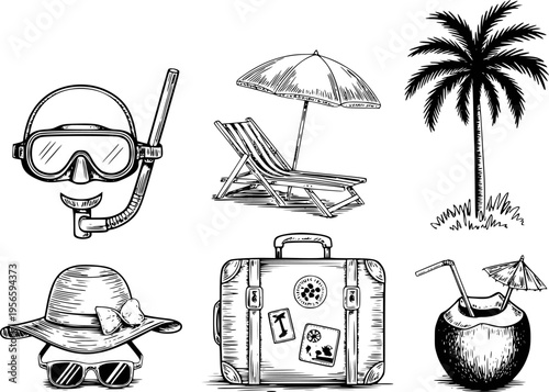 Vintage hand drawn collection of tropical vacation travel and beach accessories summer