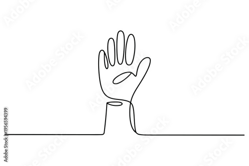 Minimalist black and white line of a hand with five extended fingers emerging from a flat surface line hand