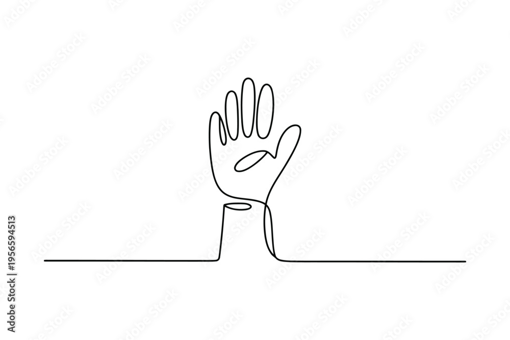 Obraz premium Minimalist black and white line of a raised hand emerging from a flat surface line raised hand simple lines