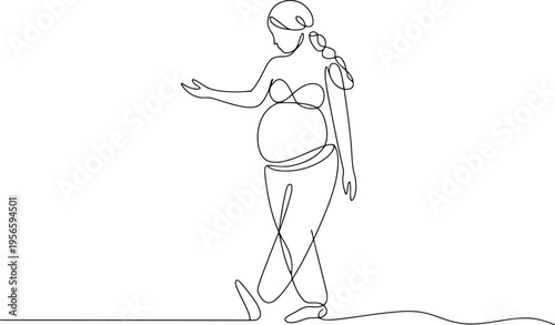 Minimalist black and white line of a pregnant woman standing with one hand extended line black and white
