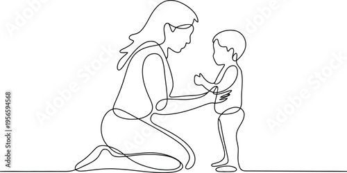 Minimalist black and white line of an kneeling and talking to a child line black and white monochrome