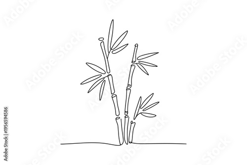 Minimalist black and white line of bamboo stalks with leaves line minimalist