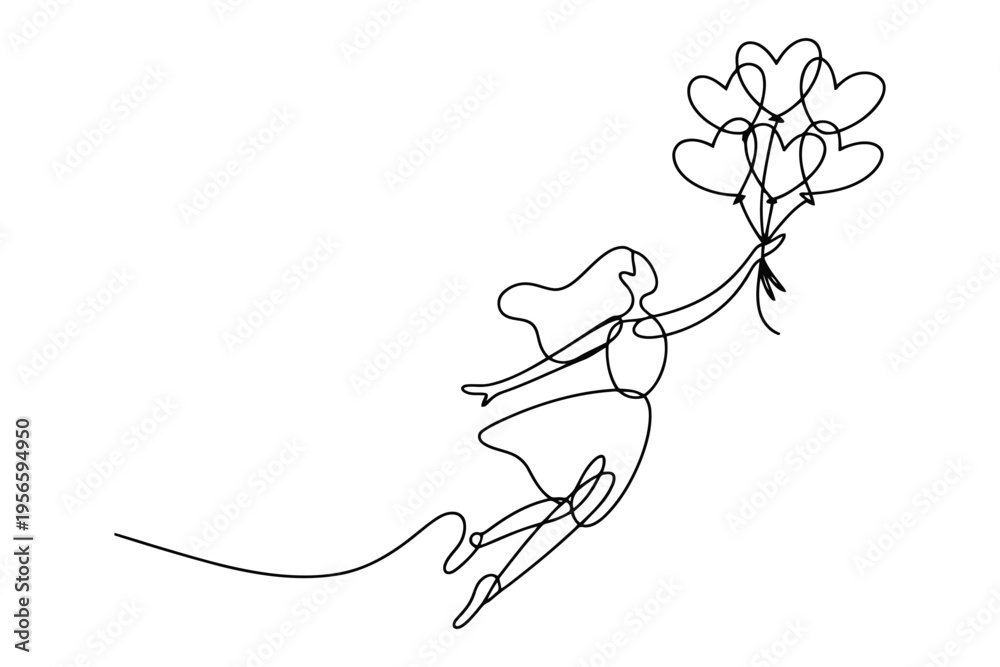 Obraz premium Single line of a person holding heart shaped balloons in black and white single line continuous line