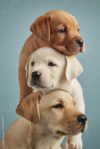 Stack of adorable puppies balancing together in playful tower against a studio background creating cute joyful pet portrait