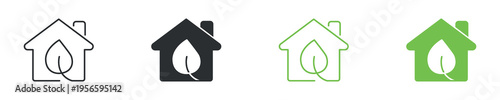 Eco home icon set. Sustainable living, green house and environmental protection concept with leaf symbol. Vector illustration.