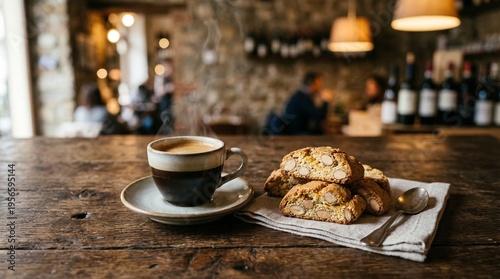 Biscotti cookies and a cup of coffee on a wooden table in a café  