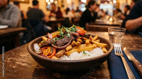 Traditional Peruvian Lomo Saltado served on a wooden table in restaurant  