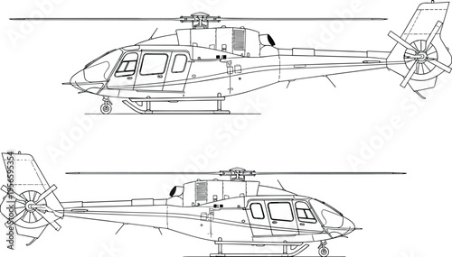 Black and white line art vector illustration showing side view profiles of a modern helicopter with rotor blades landing gear and detailed technical design