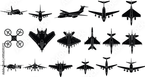 Flat vector black silhouette illustration set of various aircraft including passenger airplanes military fighter jets cargo planes and drones for aviation design concepts