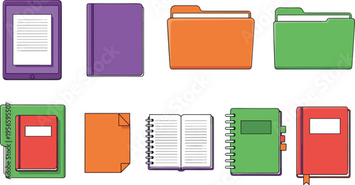 Flat vector illustration set of colorful office stationery including file folders notebooks spiral journals and a digital tablet for business organization and educational tools