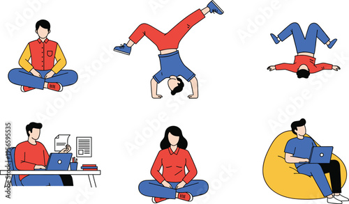 Flat vector illustration set of diverse people in various poses including sitting cross legged working on laptops and performing a handstand for lifestyle concepts