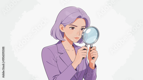 Woman in purple suit with magnifying glass