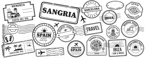 Spain travel passport stamp collection with Spanish destinations landmarks food and tourism icons
