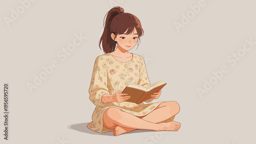 Woman in floral dress reading book
