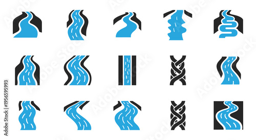 A collection of flowing river or watercourse icons presented in a bold graphic style silhouette high quality professional detailed modern elegant