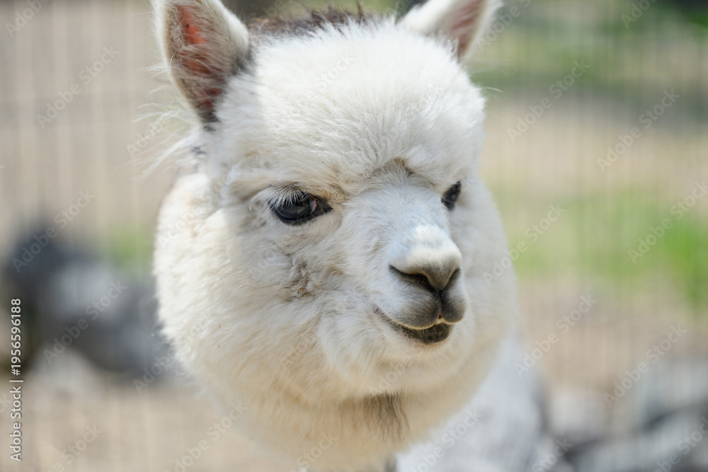 Fototapeta premium Close-up portrait of cute white alpaca. Beautiful llama at petting zoo farm. Lama pacos, Vicugna pacos