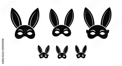 Three larger and three smaller rabbit masks are displayed in a simple monochrome arrangement creating a striking silhouette high quality professional