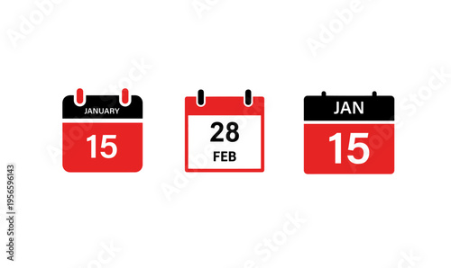 Set of minimalist calendar icons in red and black showing specific dates for schedule and event planning
