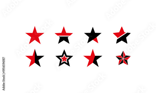 Set of minimalist star icons and logos with red and black color palette for rating and branding