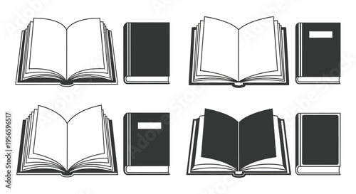 A collection of books in various positions including open and closed depicted in a stark black silhouette high quality professional detailed