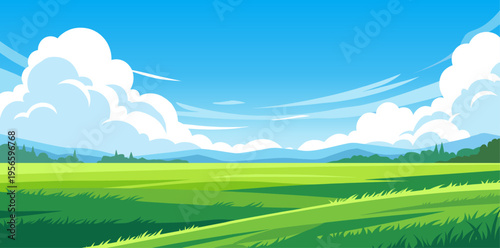 Green meadow landscape with blue sky and white cloud
