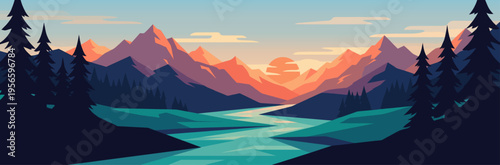 Wide panoramic mountain sunset landscape with river and pine