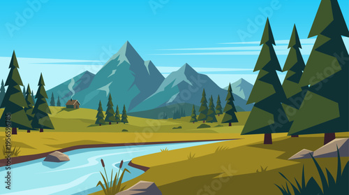 Mountain landscape with river pine forest and small cabin