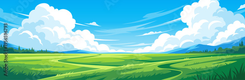Wide panoramic green meadow landscape in flat