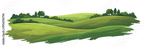 Green rolling hill scenery with meadow and tree