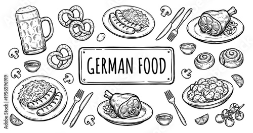 Traditional german food and cuisine with sausage and pretzel sketch
