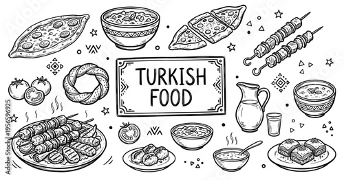  Traditional turkish food and cuisine with kebab and pide sketch