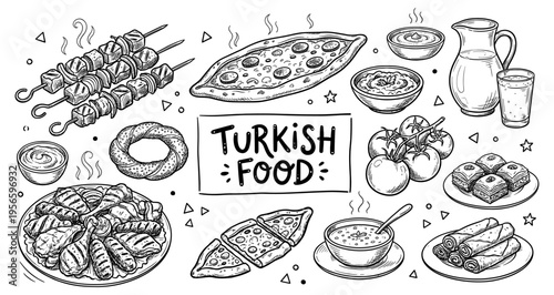 Traditional turkish food and cuisine with kebab pide and mezze sketch